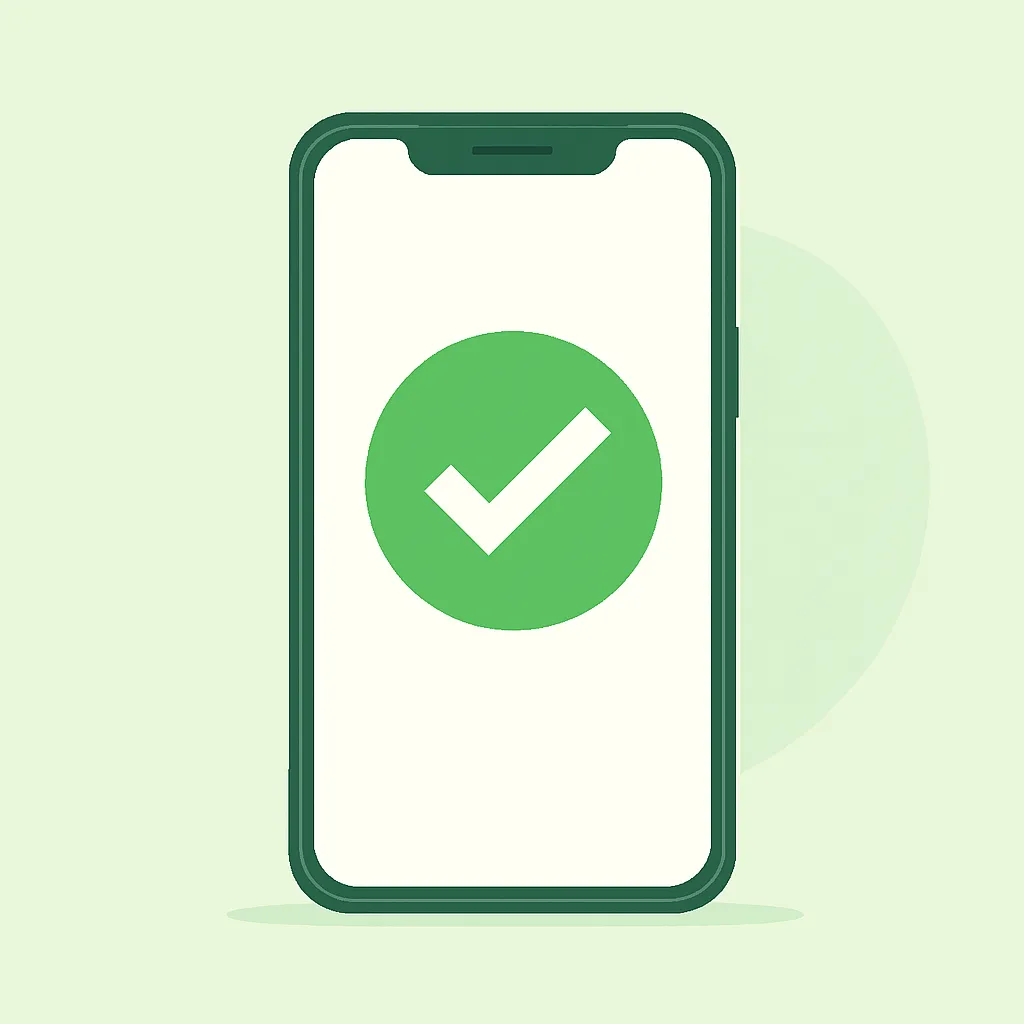 Smartphone com um grande sinal de confirmação verde indicando problema resolvido e app instalado