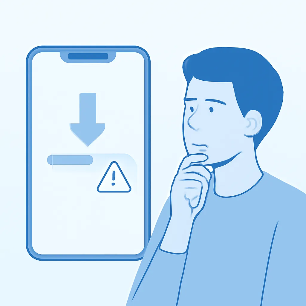 Smartphone com download de app travado e Ãcone de alerta