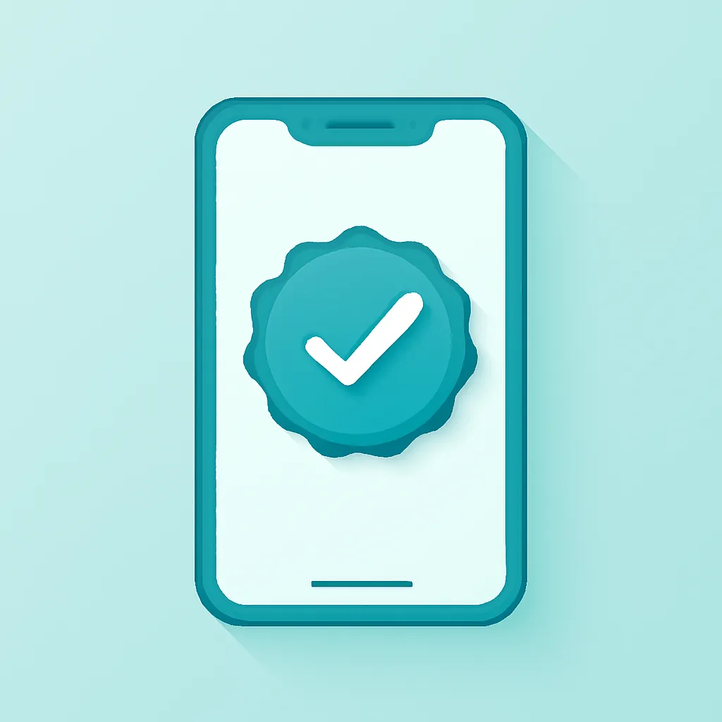 Smartphone exibindo um selo de confirmação indicando que o app está atualizado