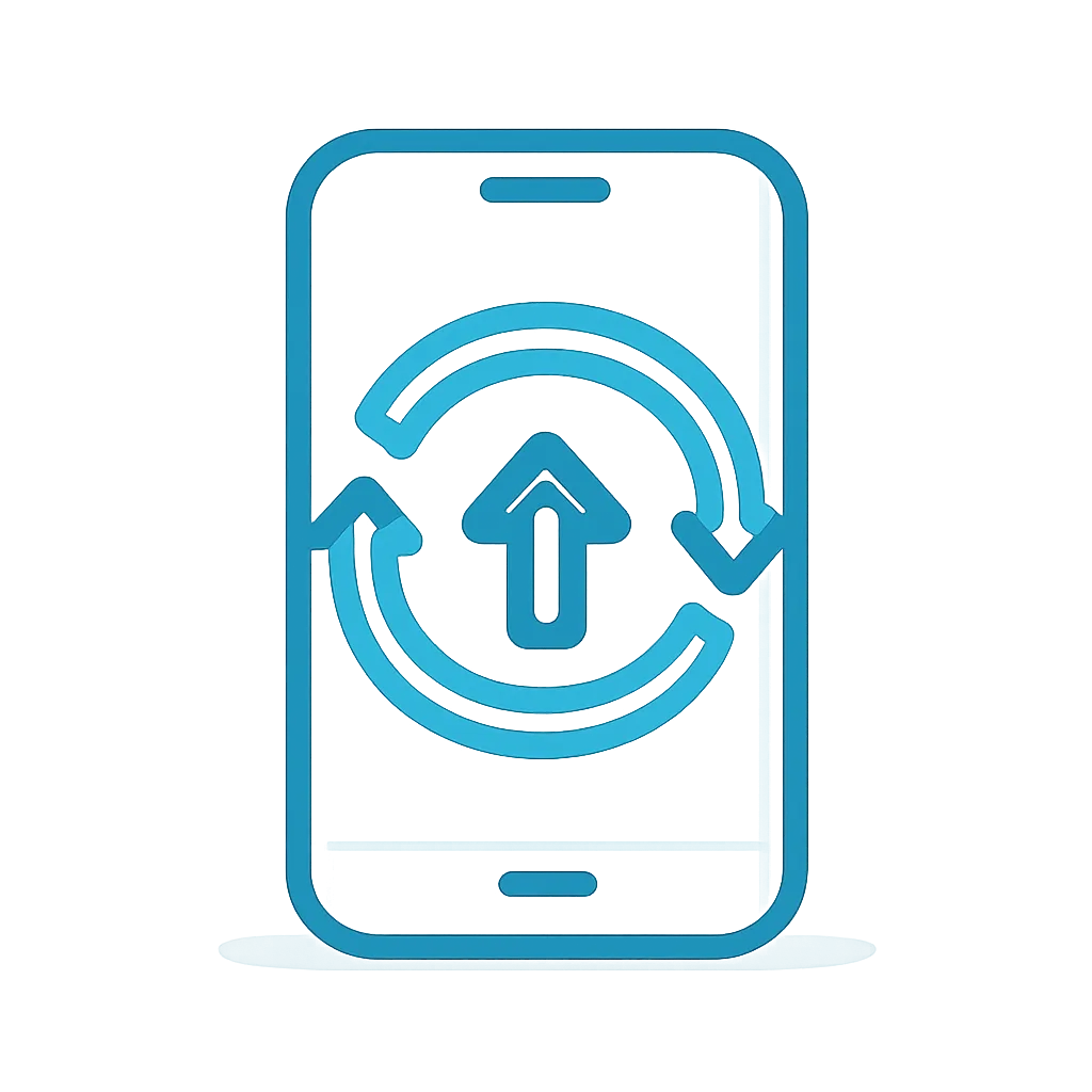 Smartphone com setas de atualização e progresso