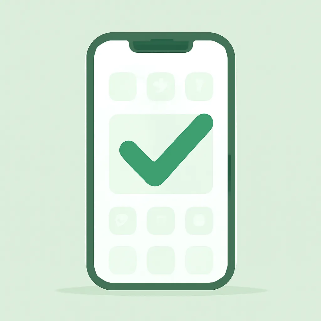 Smartphone com todos os aplicativos atualizados e um grande sinal de confirmação verde