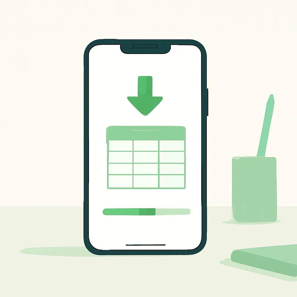Smartphone mostrando um app de planilha sendo instalado, com seta de download na tela