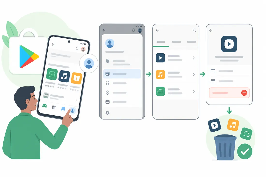 Ilustração: Como cancelar assinaturas e compras na Play Store