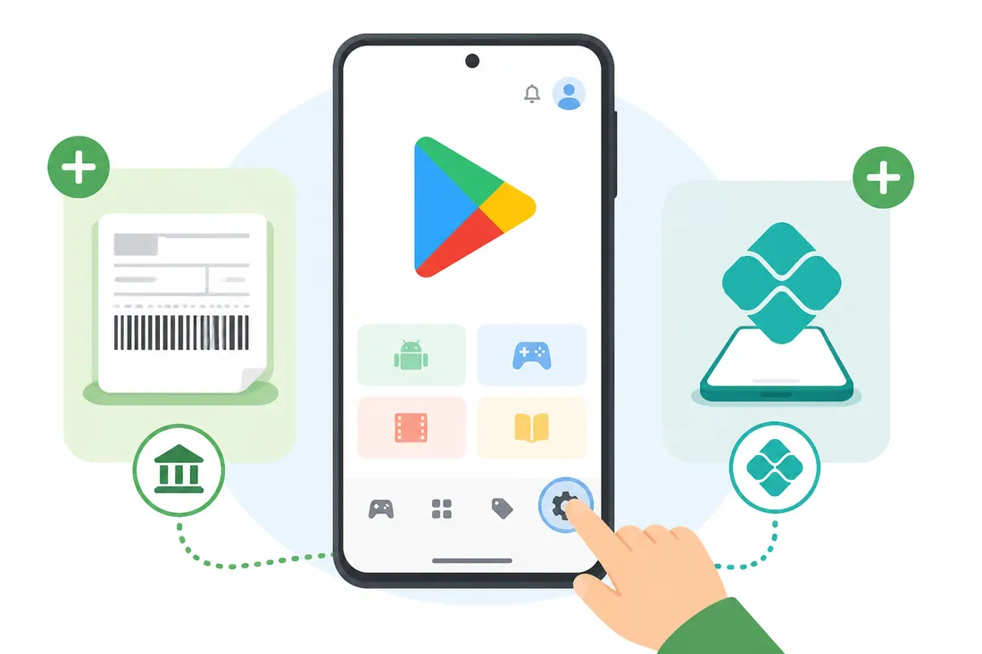 Ilustração: Como configurar boleto e Pix na Play Store