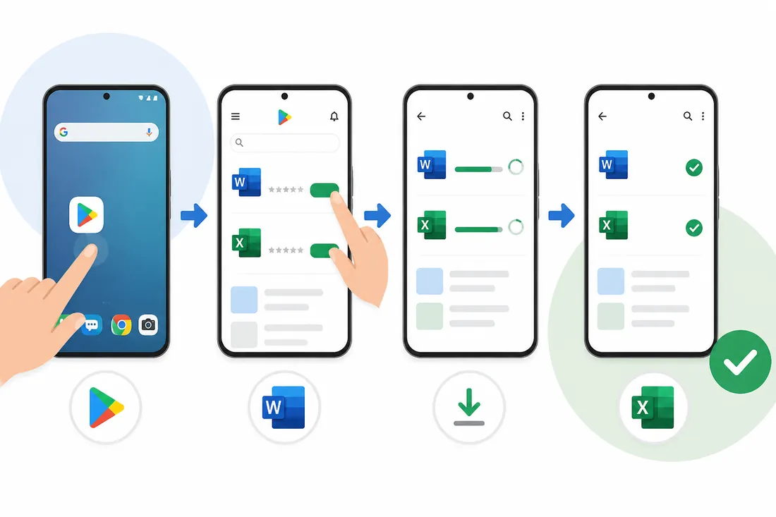 Ilustração: Como instalar o Word e o Excel no celular pela Play Store