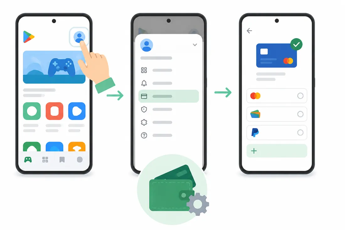 Ilustração: Como mudar a forma de pagamento padrão na Play Store