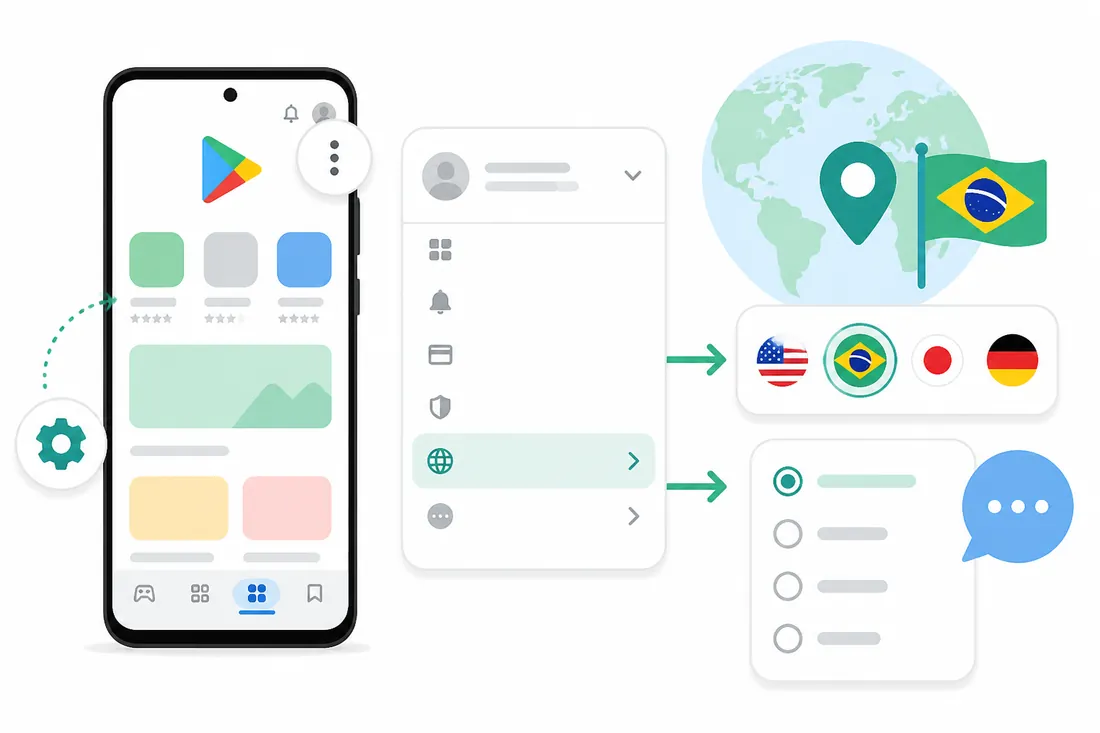 Ilustração: Como mudar o país e o idioma da Play Store