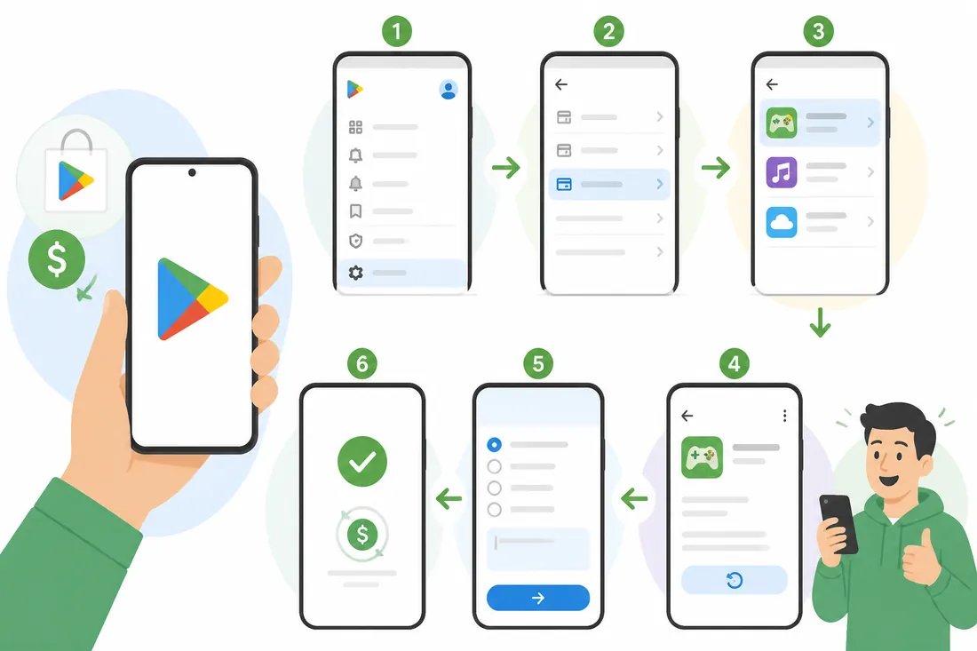 Ilustração: Como pedir reembolso de um app na Play Store