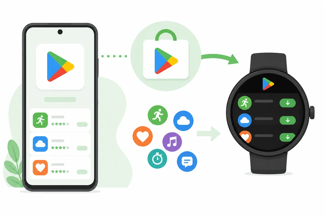 Ilustração: Como usar a Play Store no relógio (Wear OS)